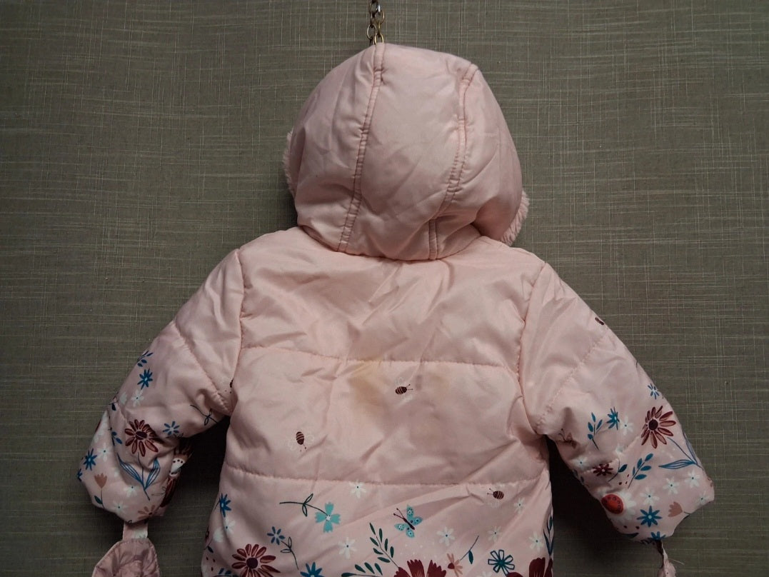 George Girls Pink Floral Padded Snowsuit Showerproof Age 3-6 Months With Mitts - Marked