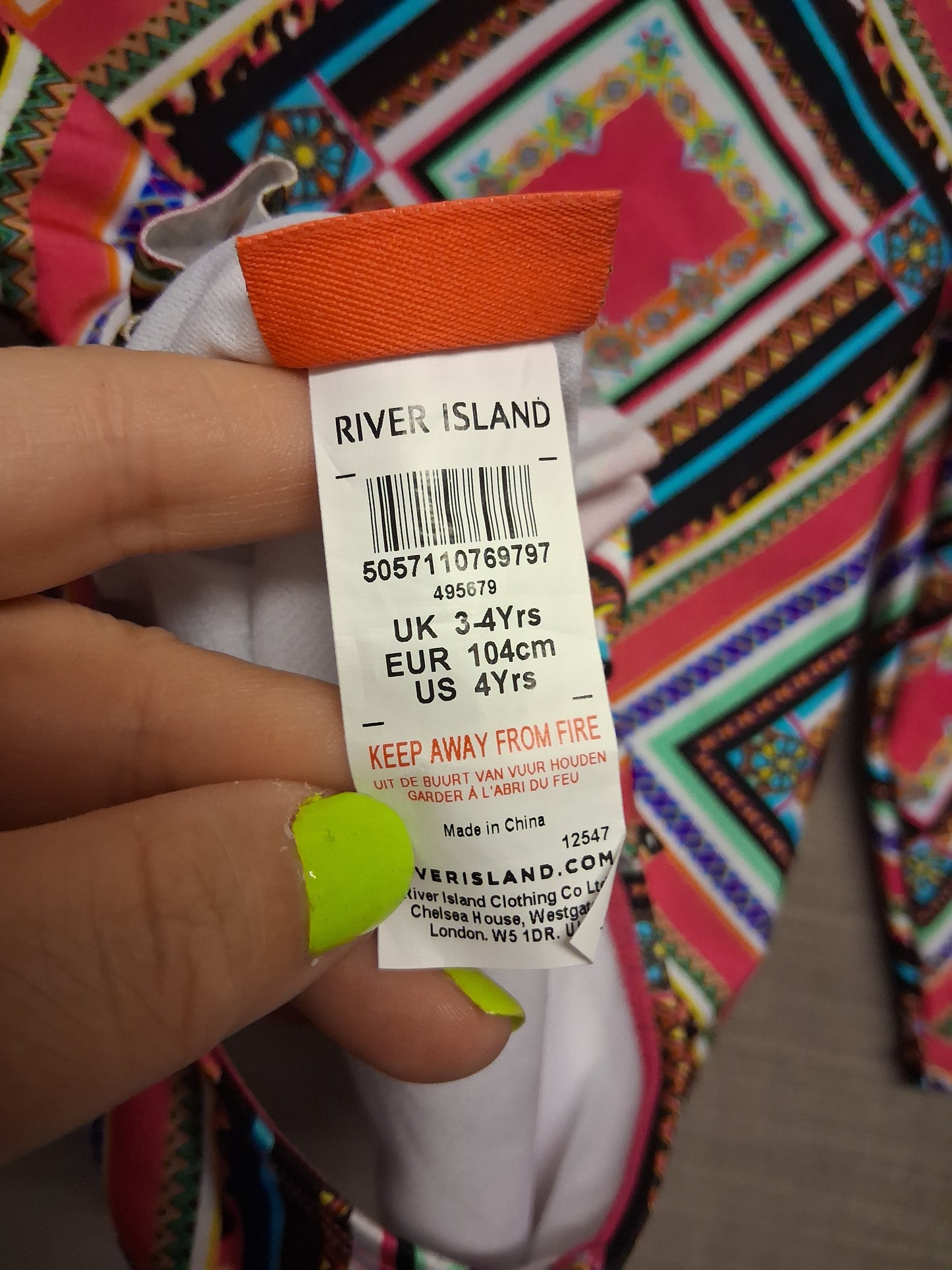 River Island Girls Multicolour Long Sleeve Swimsuit One Piece Age 3-4 Years