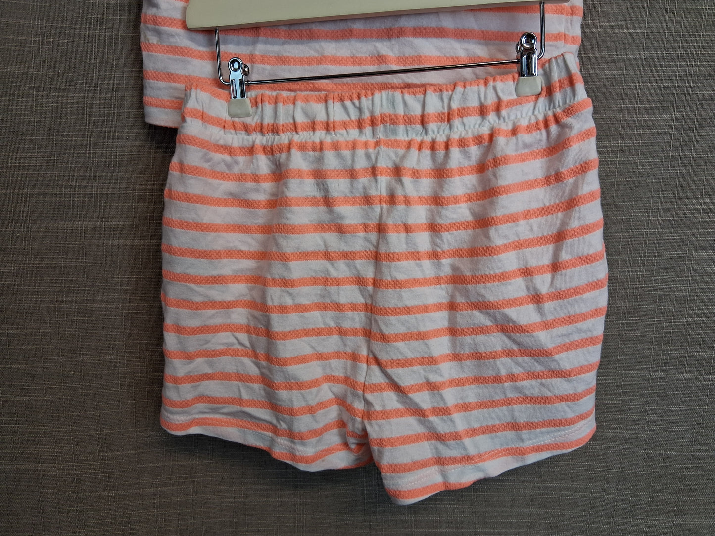 Primark Girls 2 Piece Outfit Age 6-7 Years Neon Orange and White Stripe Shorts & T-Shirt