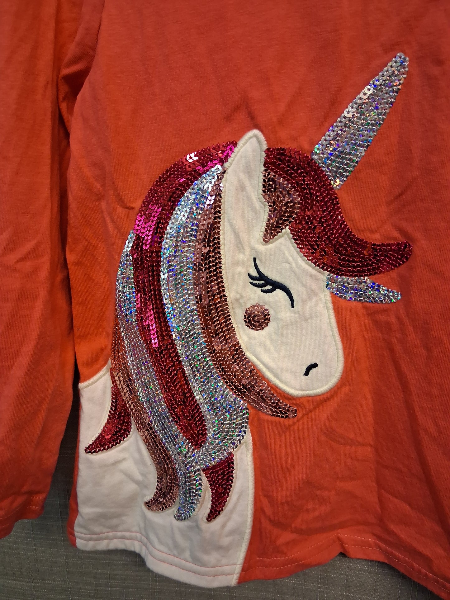 Crew Clothing Girls Pink/Red Unicorn Long Sleeve T-Shirt Sequin Trim Age 7-8 Years