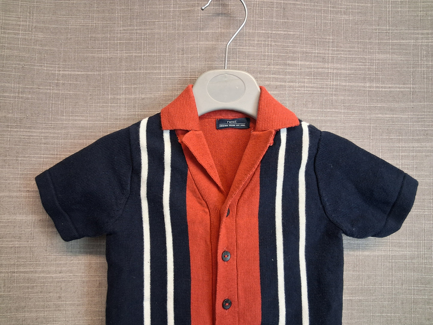 Next Boys Navy Red Knitted Short Sleeve Button Shirt Age 3-6 Months