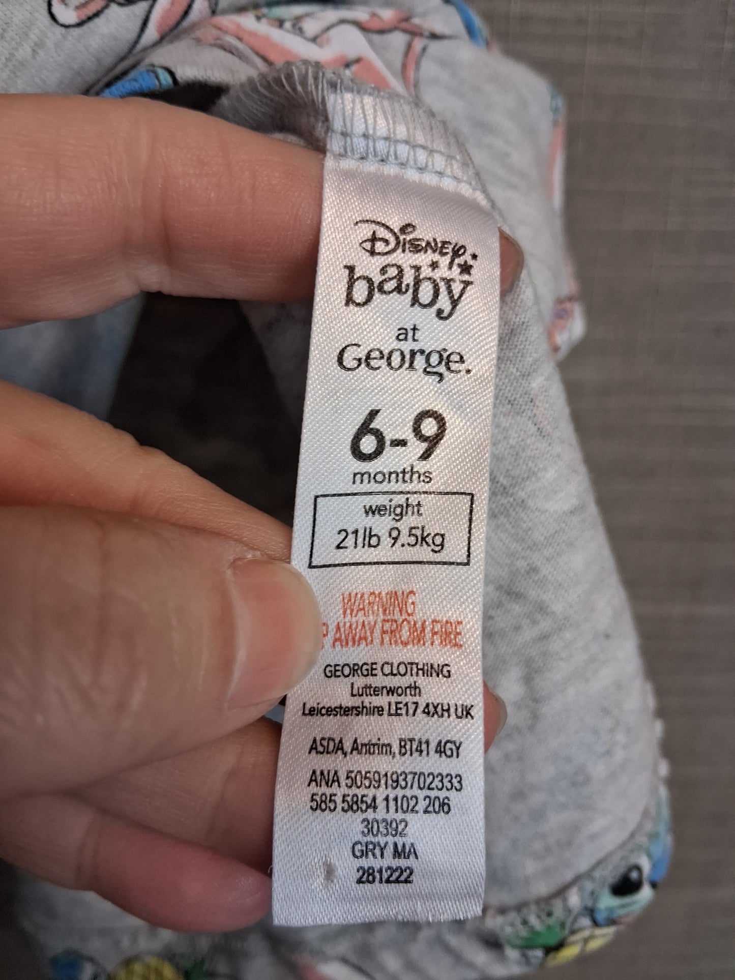 Disney Stitch Jersey Dress Grey Short Sleeve Age 6-9 Months
