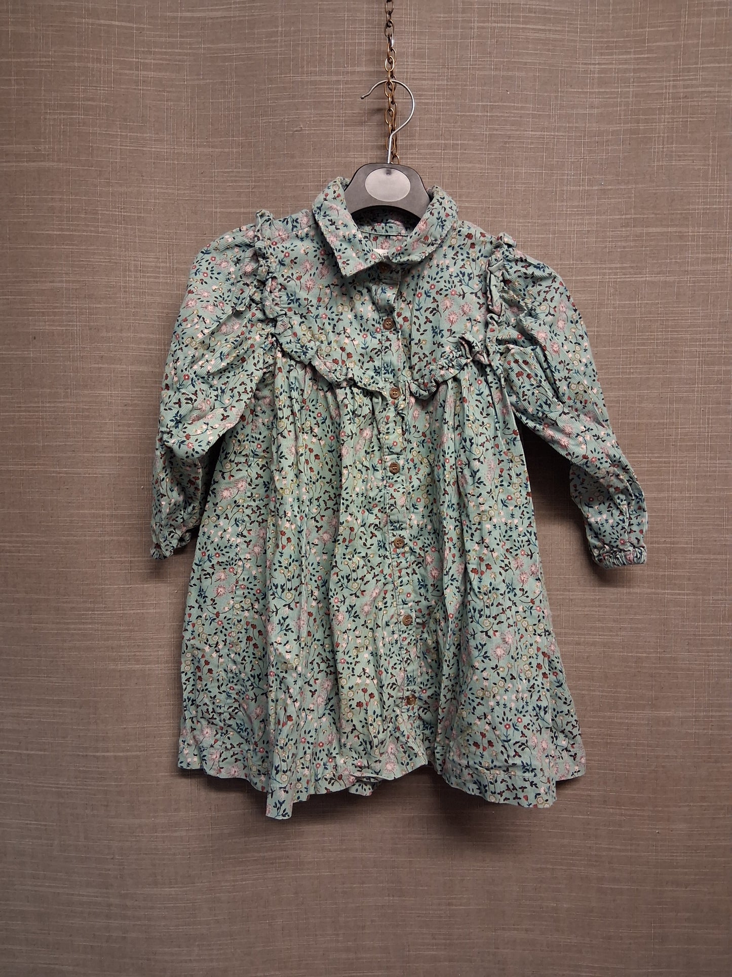 Next Girls Green Floral Corduroy Long Sleeve Shirt Dress Age 3-4 Years