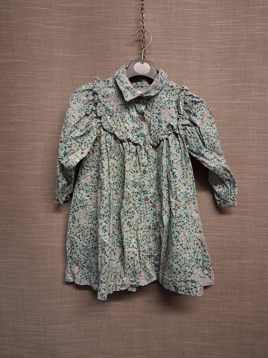 Next Girls Green Floral Corduroy Long Sleeve Shirt Dress Age 3-4 Years