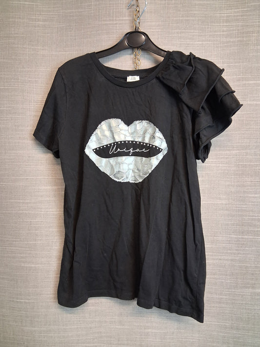 River Island Girls Black T-Shirt Silver Lips Bow Shoulder Age 11-12 Years