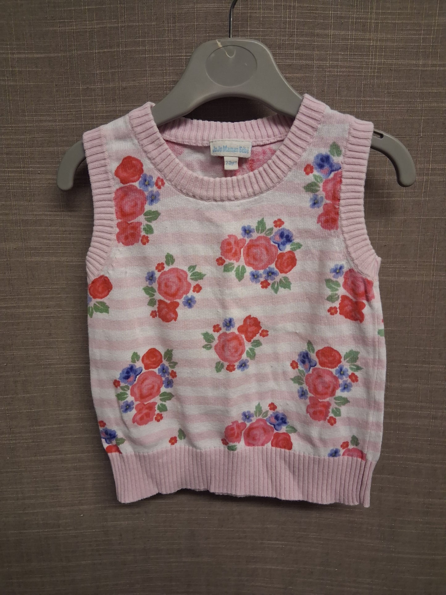 JoJo Maman Bebe Girls Pink Striped Floral Tank Top Age 2-3 Years