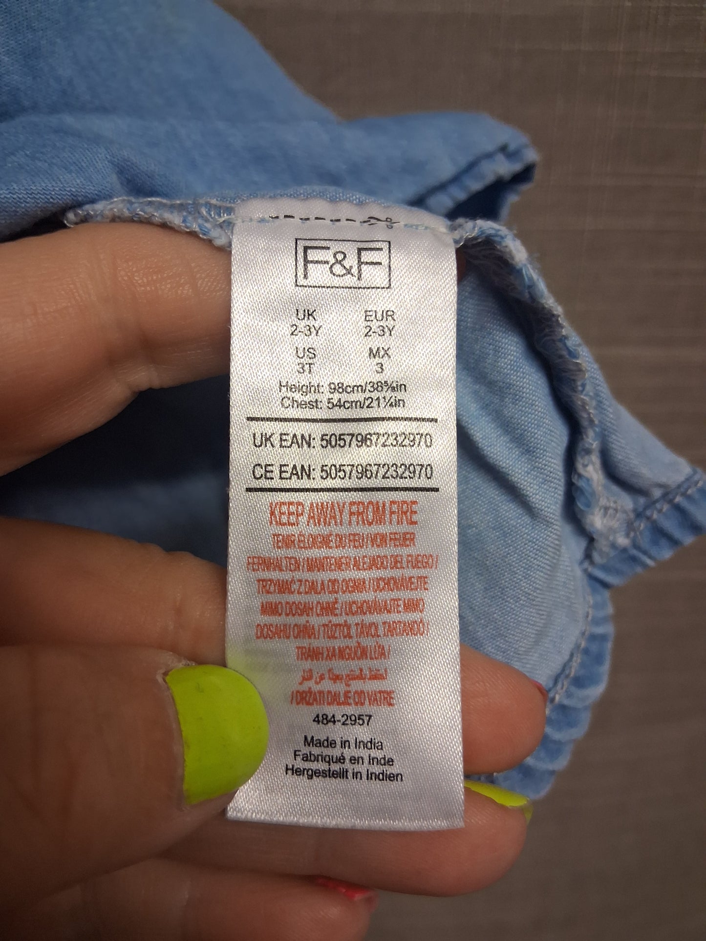 F&F Girls Blue Chambray Denim Blue Off the Shoulder Top Age 2-3 Years
