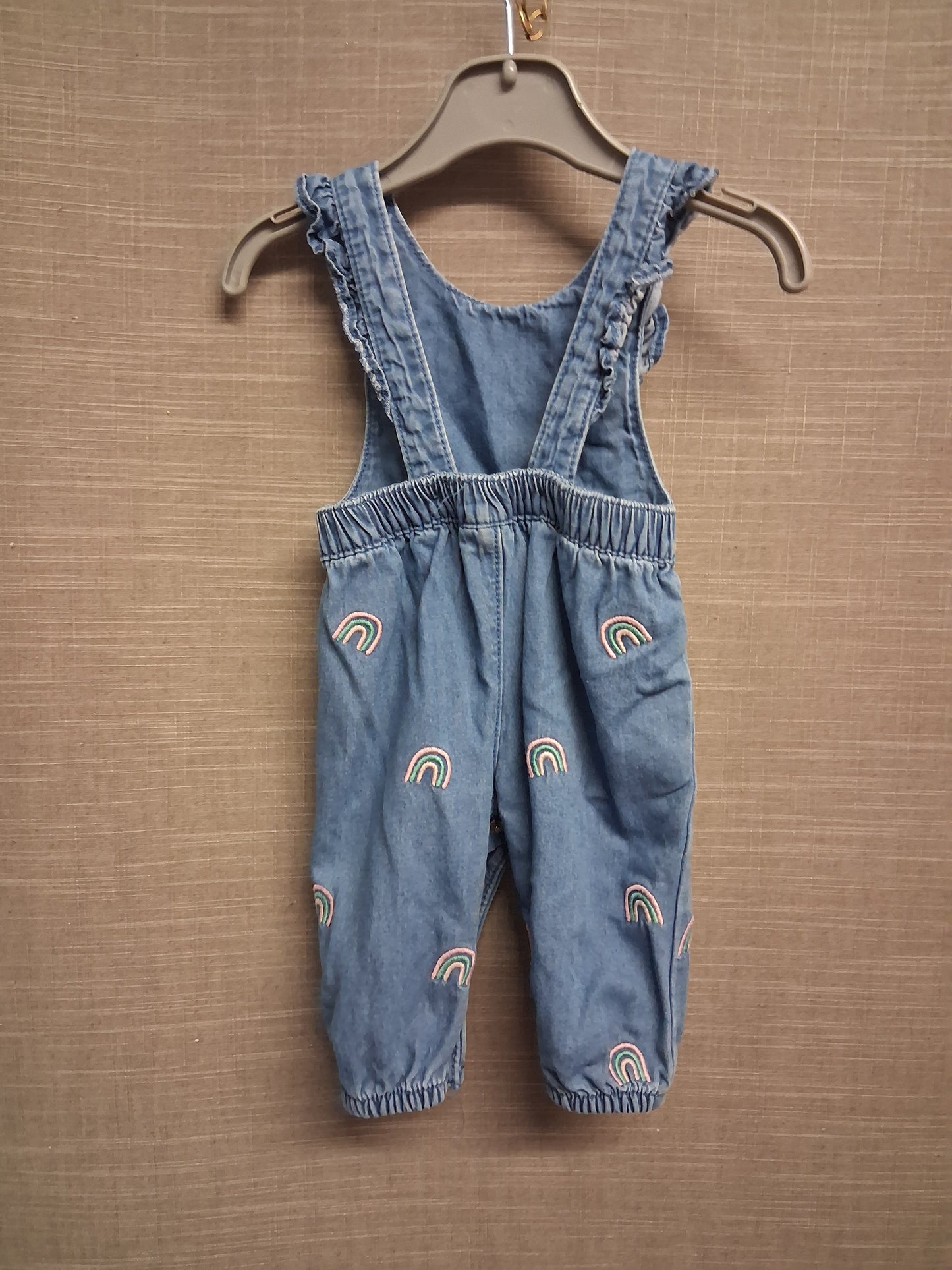 F&F Girls Blue Denim Rainbow Dungarees Age 0-3 Months