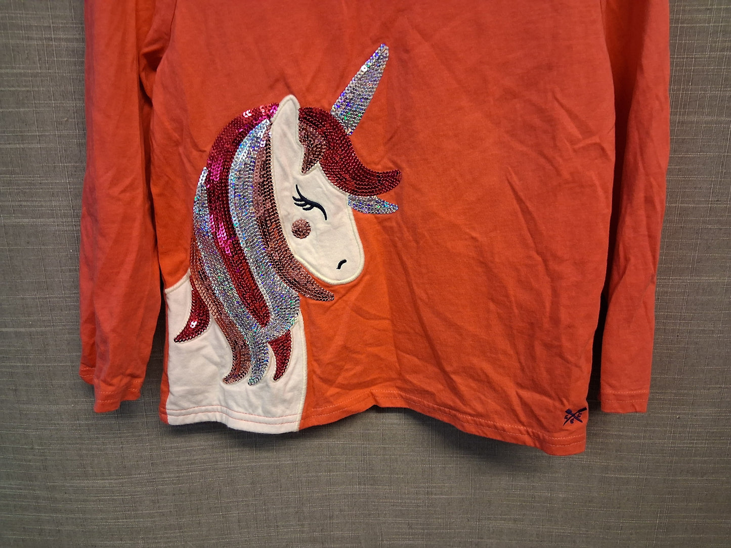 Crew Clothing Girls Pink/Red Unicorn Long Sleeve T-Shirt Sequin Trim Age 7-8 Years