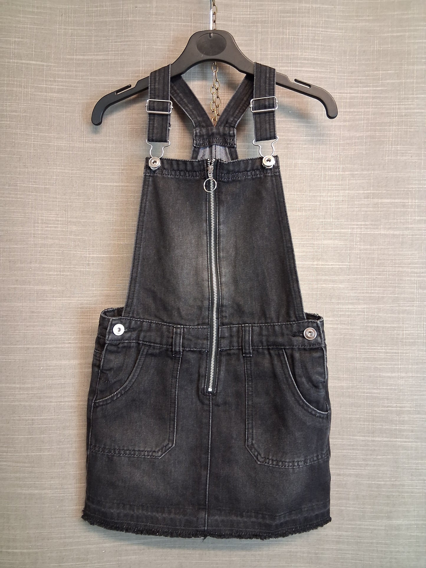 George Girls Black Denim Pinafore Dress Zip Front Age 7-8 Years