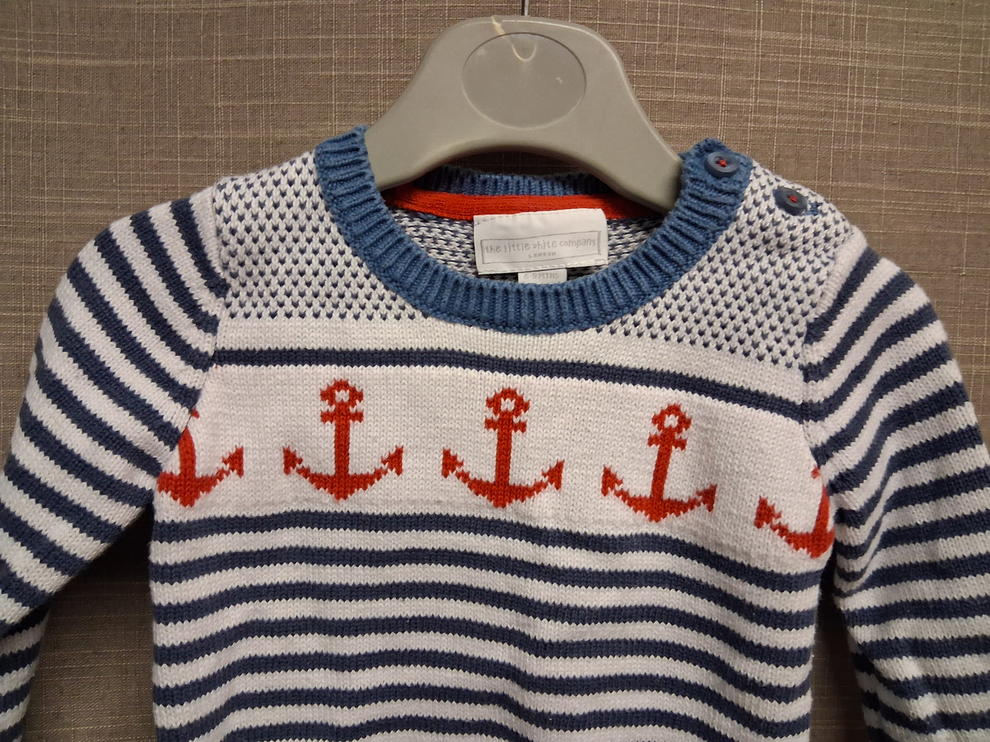 The Little White Company Nautical Theme Crew Neck Knitted Sweater Blue White Age 6-9 Months
