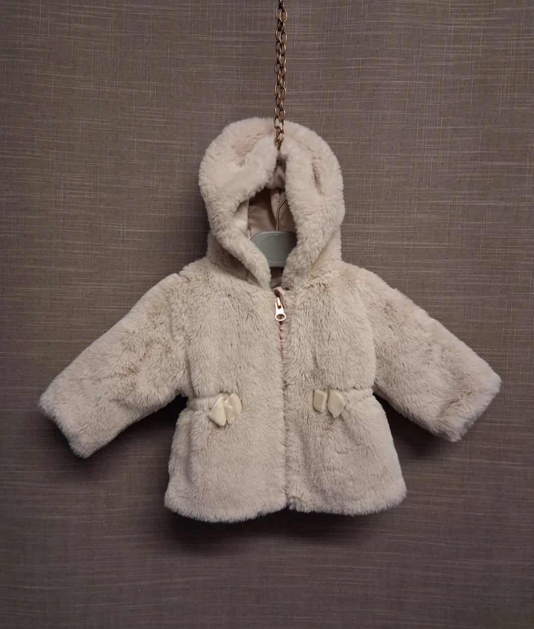 Nutmeg Girls Faux Fur Beige Coat  with Hood Age 0-3 Months
