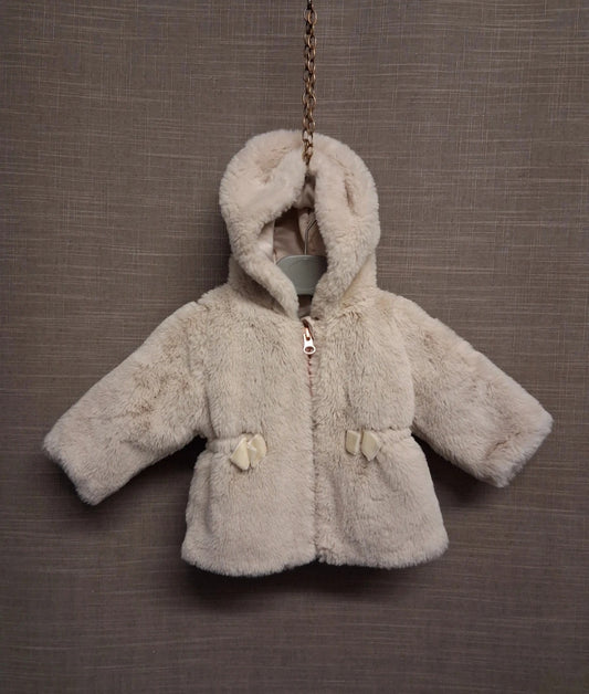 Nutmeg Girls Faux Fur Beige Coat  with Hood Age 0-3 Months