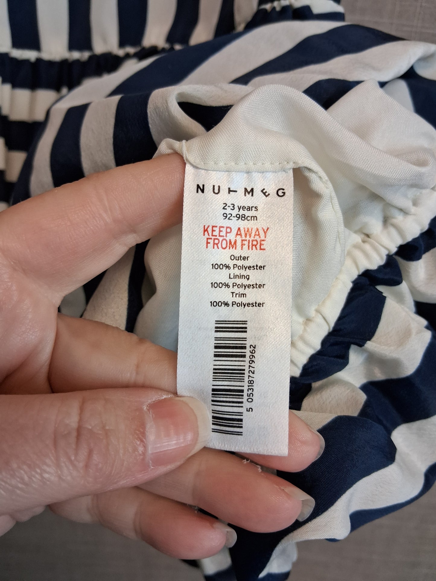 Nutmeg Girls Cream Navy Striped Party Dress Age 2-3 Years