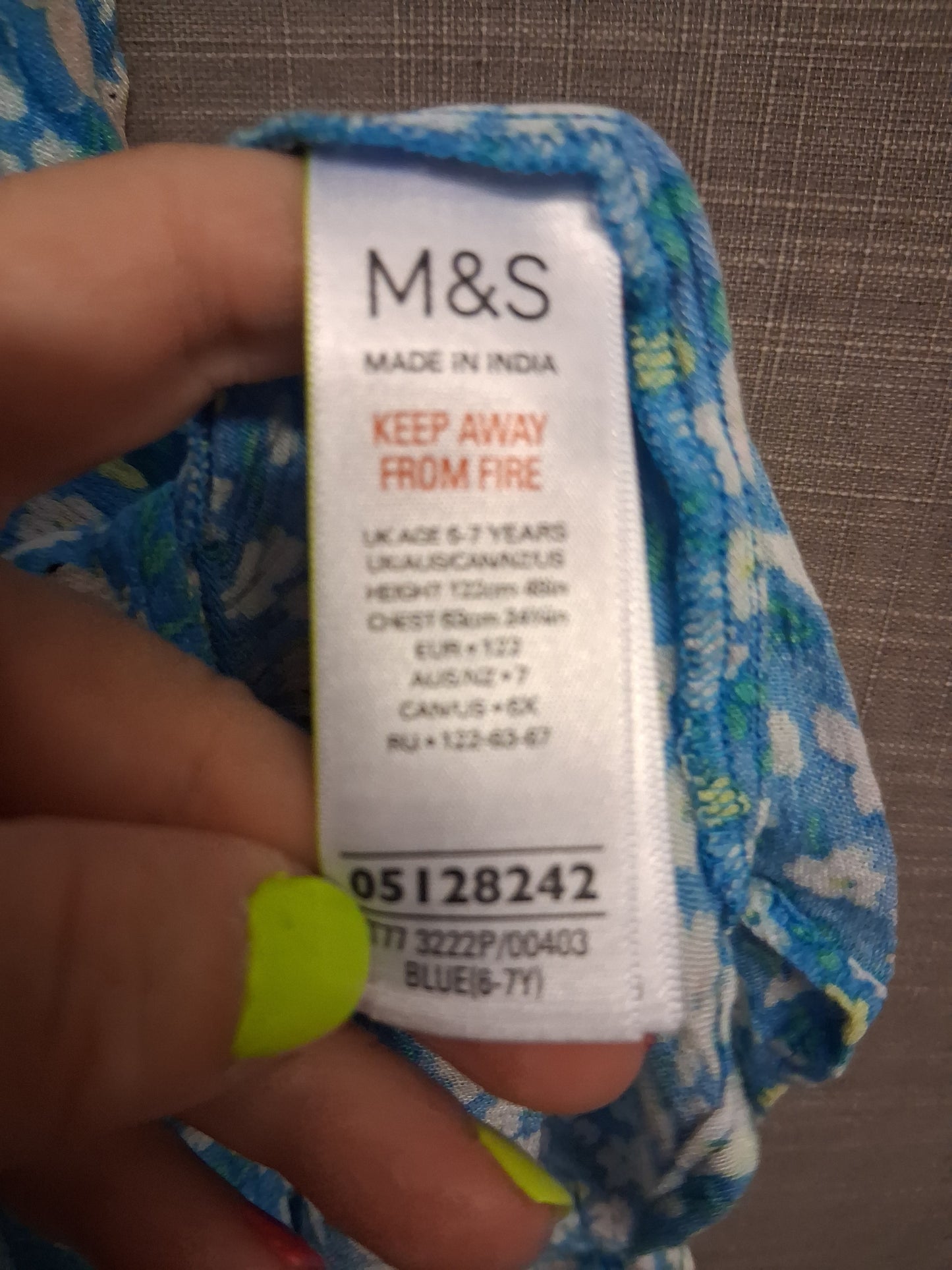 Marks & Spencer Girls Blue Floral Short Sleeve Dress Age 6-7 Years New