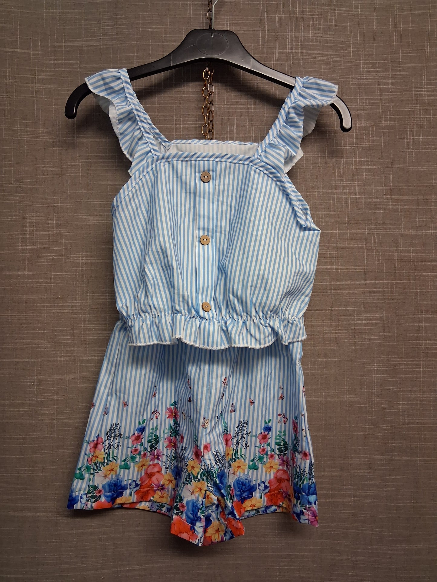 Shein Girls 2 Piece Summer Set Tank Top & Shorts Blue White Striped Floral Age 6 Years