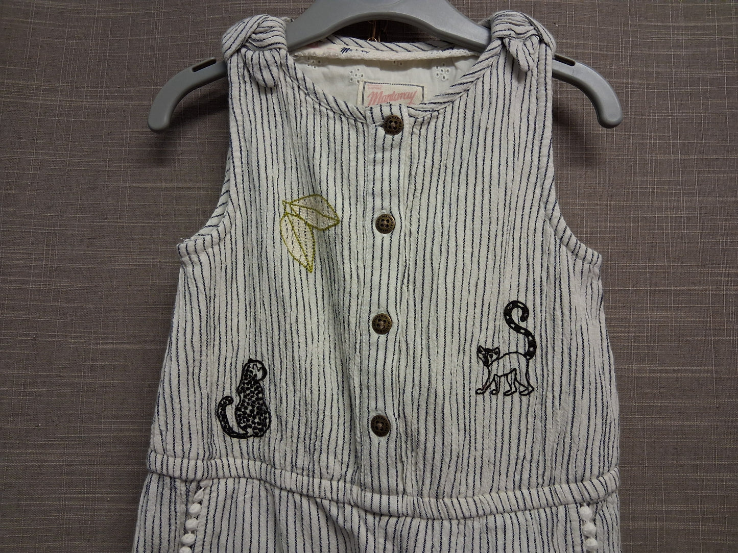 Mantaray Girls Sleeveless Romper Embroidered Animals Grey White Striped Age 3-4 Years New
