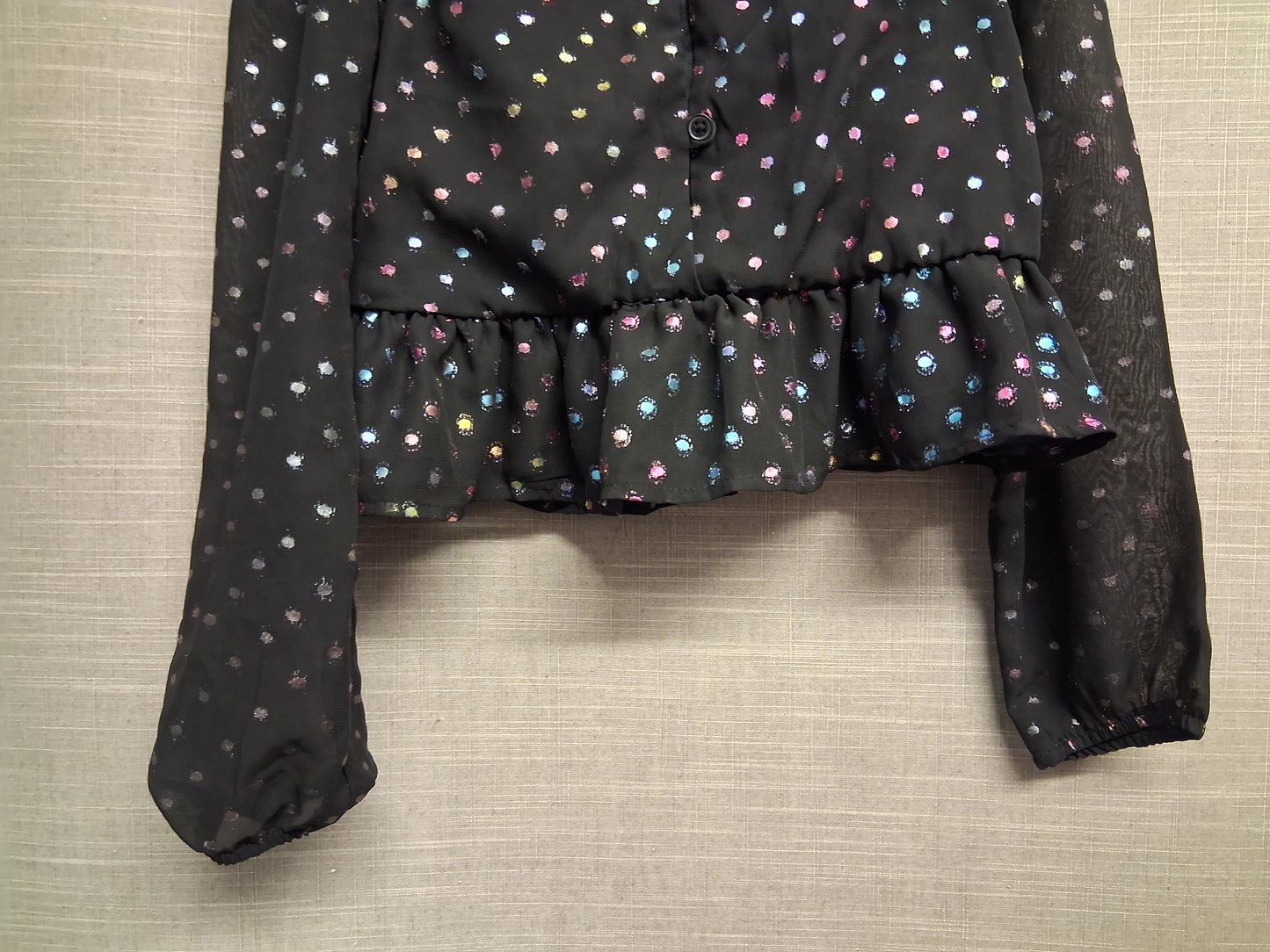 Primark Girls Black Metallic Multicolour Spotty Sheer Long Sleeve Peplum Blouse Top Age 8-9 Years