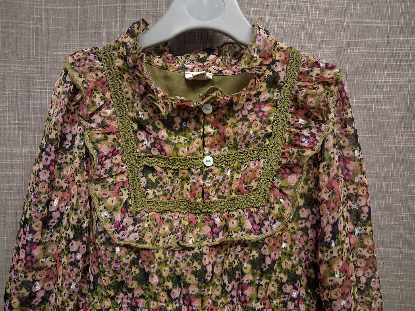 River Island Girls Green Floral Sheer Sleeve Dress Age 4-5 Years