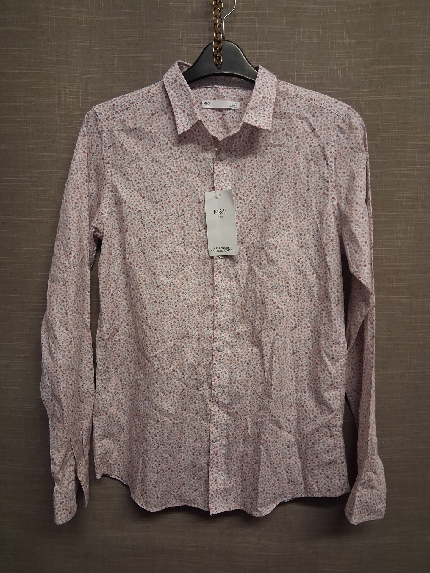 Marks and Spencer Girls Long Sleeve White Pink Floral Shirt Age 14-15 Years New
