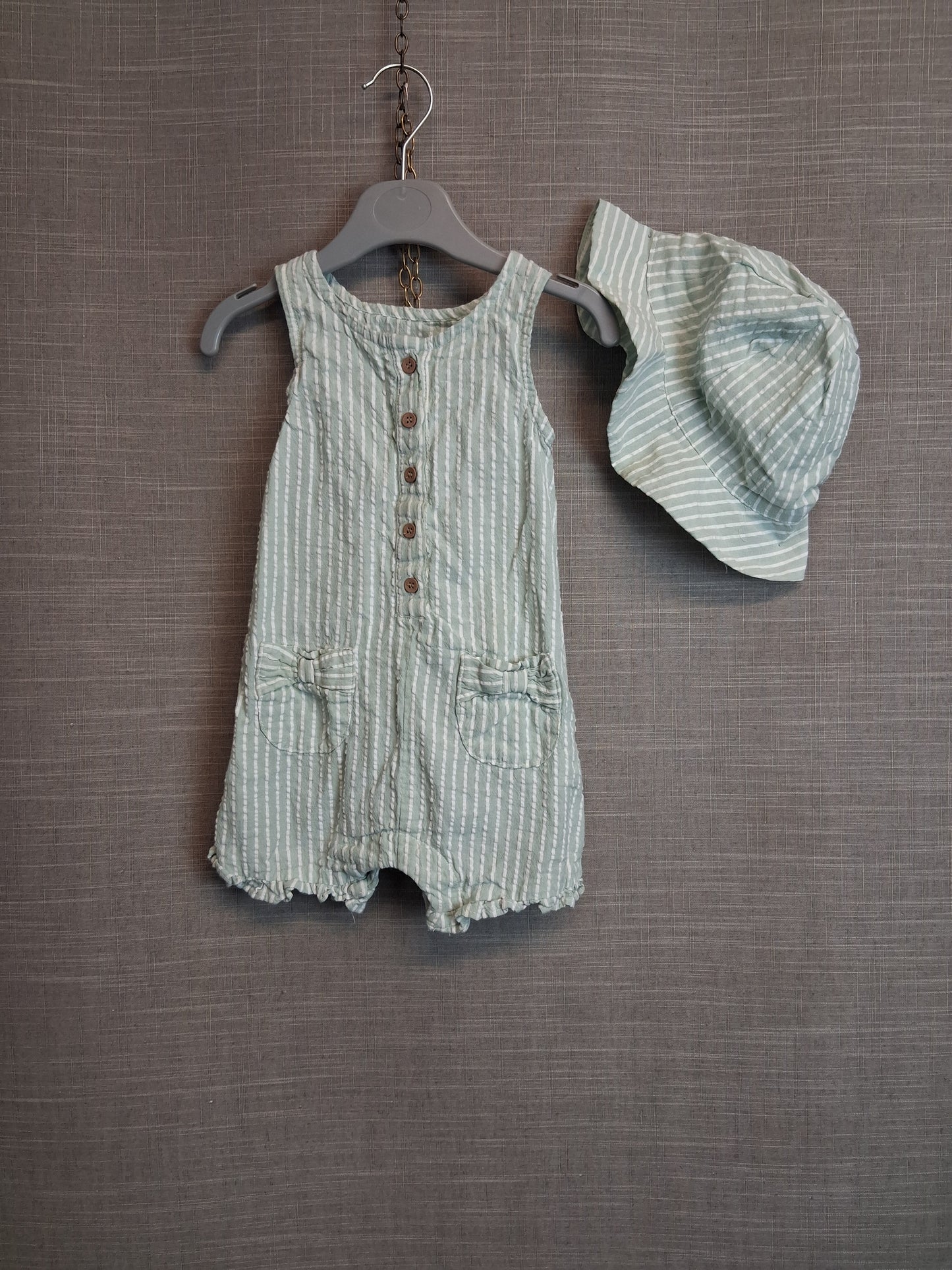 Matalan Girls Summer Romper Green White Striped With Hat Age 9-12 Months