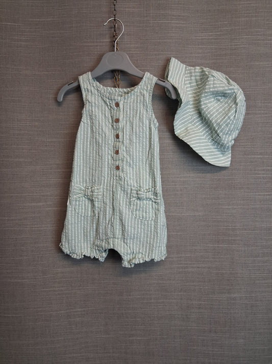 Matalan Girls Summer Romper Green White Striped With Hat Age 9-12 Months