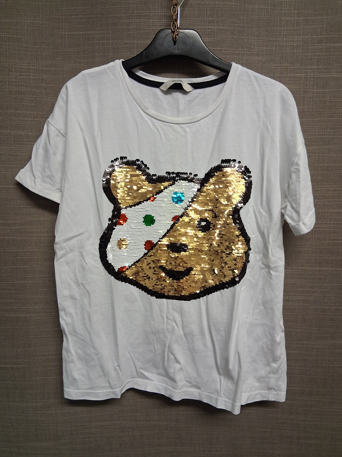 George Girls "Pudsey" Children in Need White Short Sleeve T-Shirt 2 way Sequins Age 11-12 Years