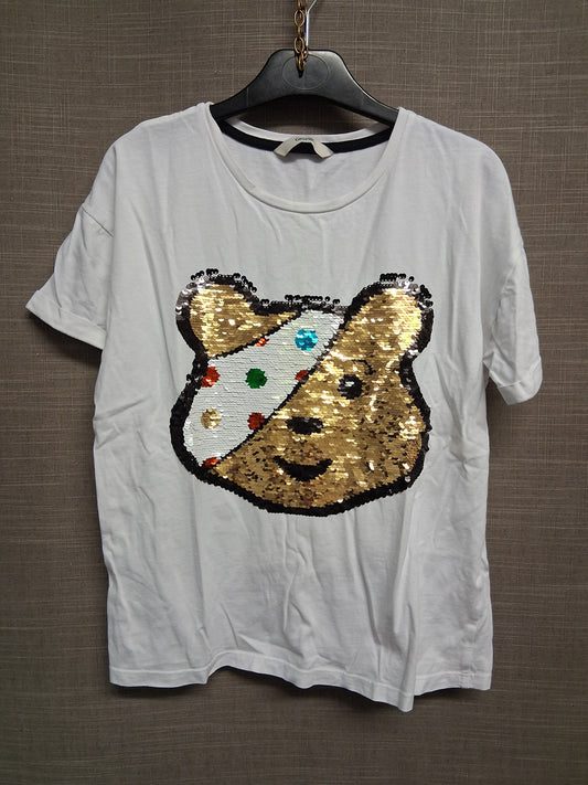 George Girls "Pudsey" Children in Need White Short Sleeve T-Shirt 2 way Sequins Age 11-12 Years