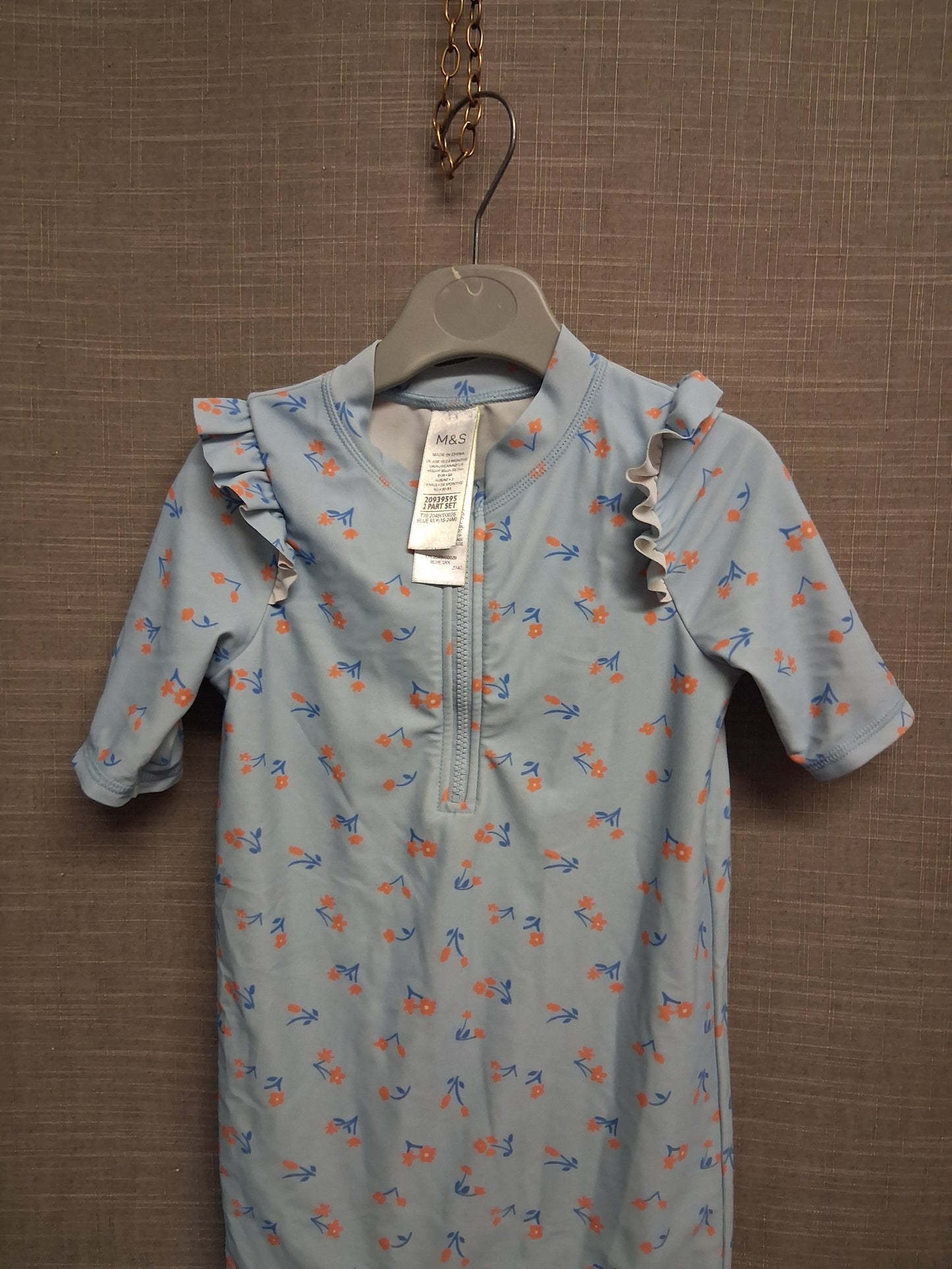 Marks & Spencer Girls Blue Floral UV Swimsuit One Piece Age 18-24 Months