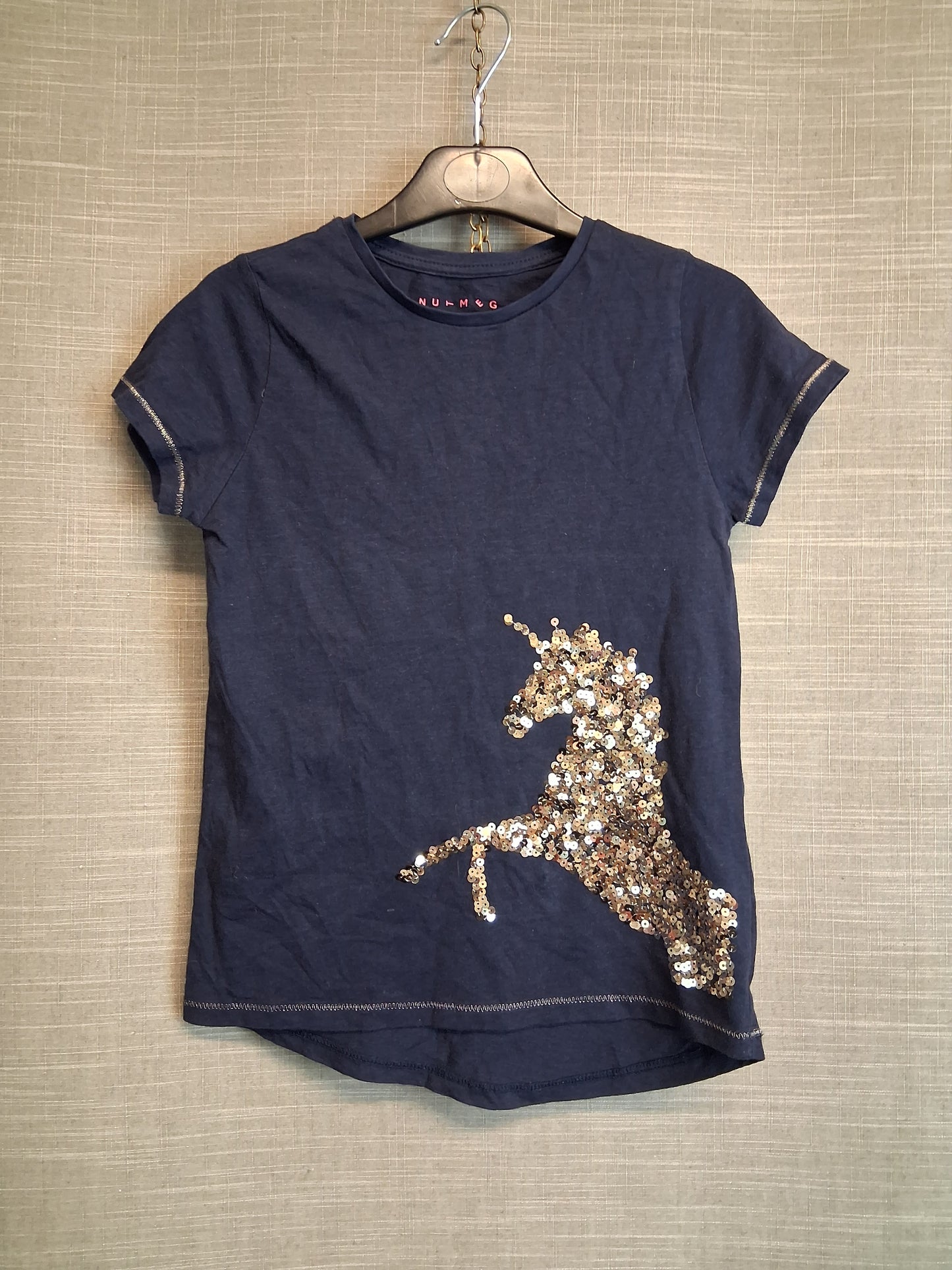 Nutmeg Girls Blue Gold Sequin Unicorn T-Shirt Age 8-9 Years