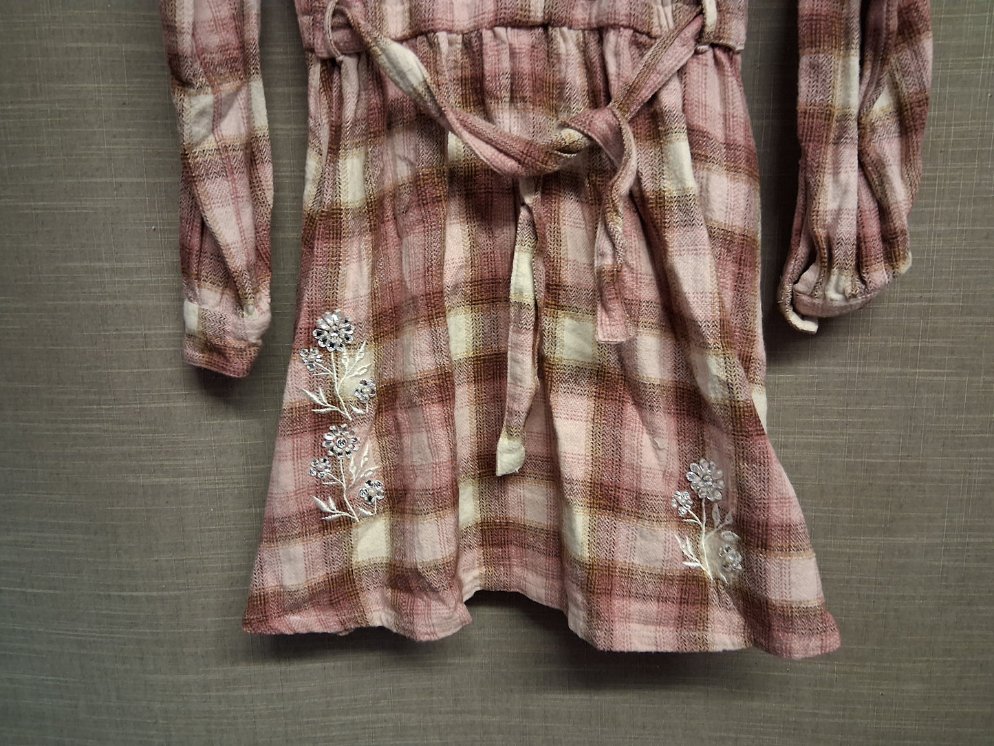River Island Girls Pink Check Long Sleeve Shirt Dress Embroidered Floral Age 10 Years