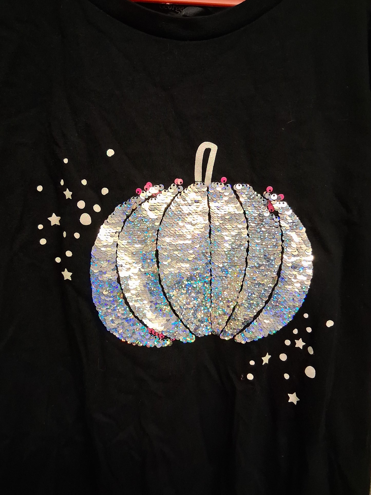 George Girls Halloween 2 way Sequin Pumpkin Black T-Shirt Age 11-12 Years