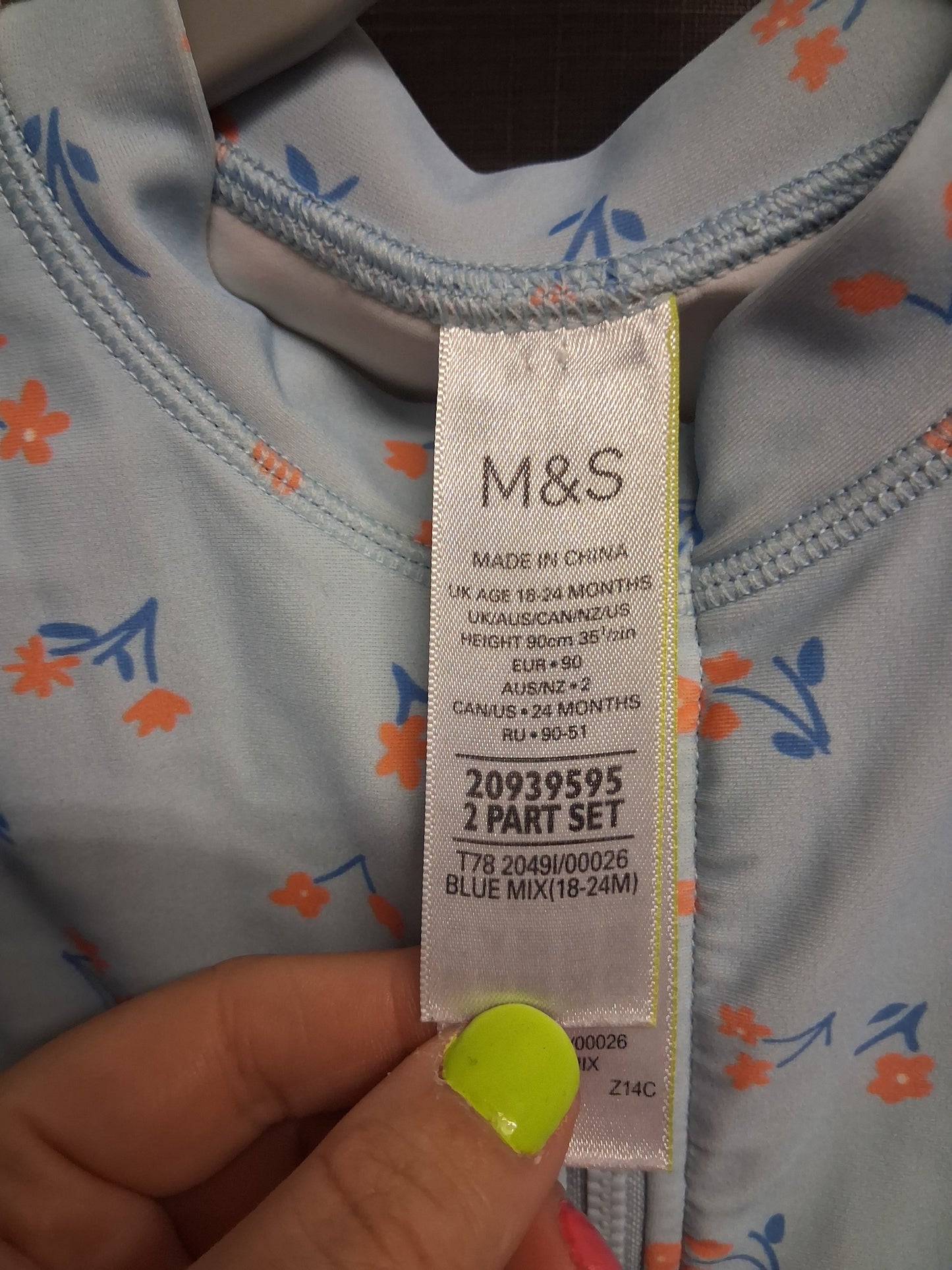 Marks & Spencer Girls Blue Floral UV Swimsuit One Piece Age 18-24 Months