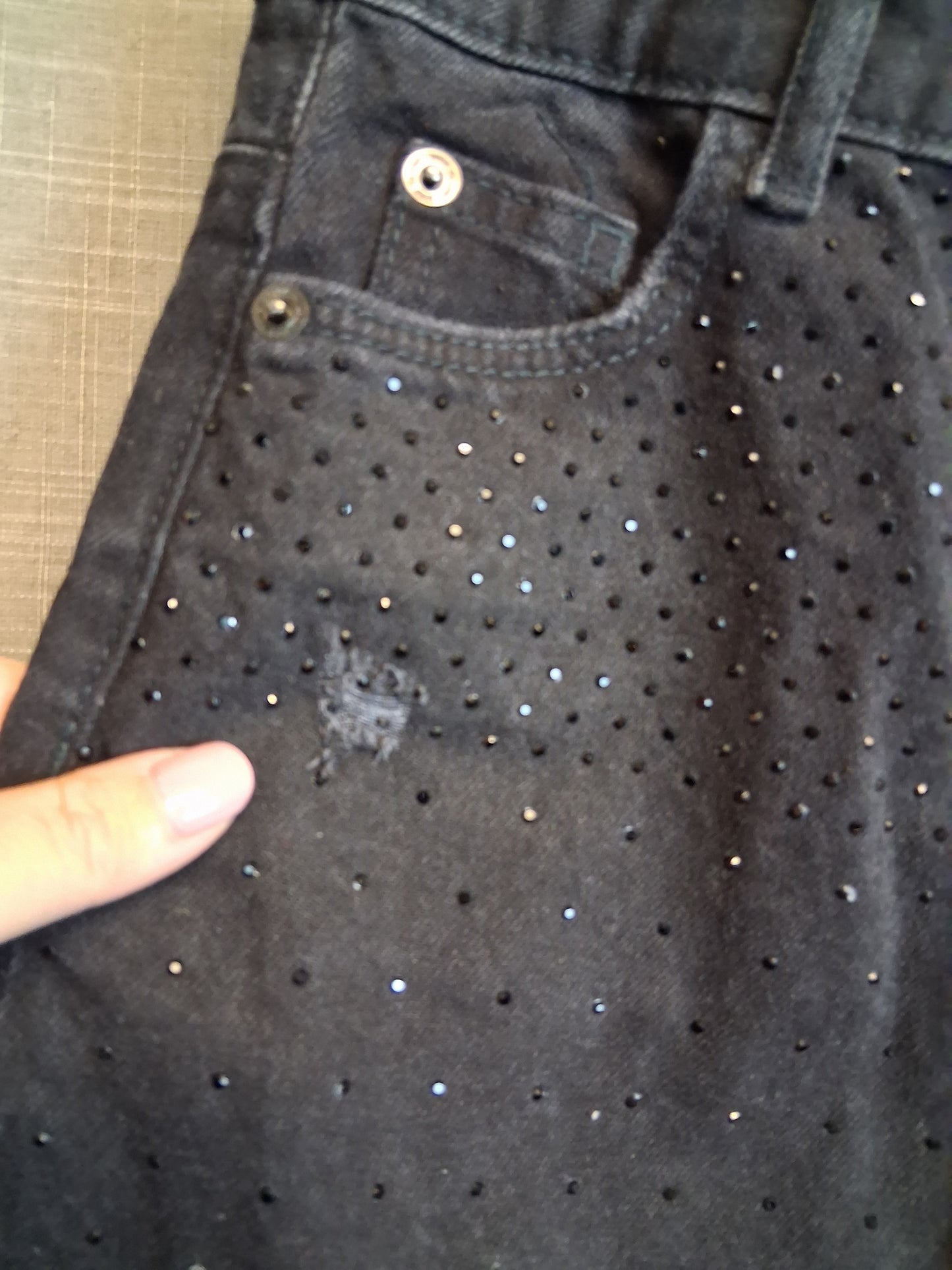 River Island Black Denim A Line Skirt Distressed Diamanté Trim Age 7-8 Years