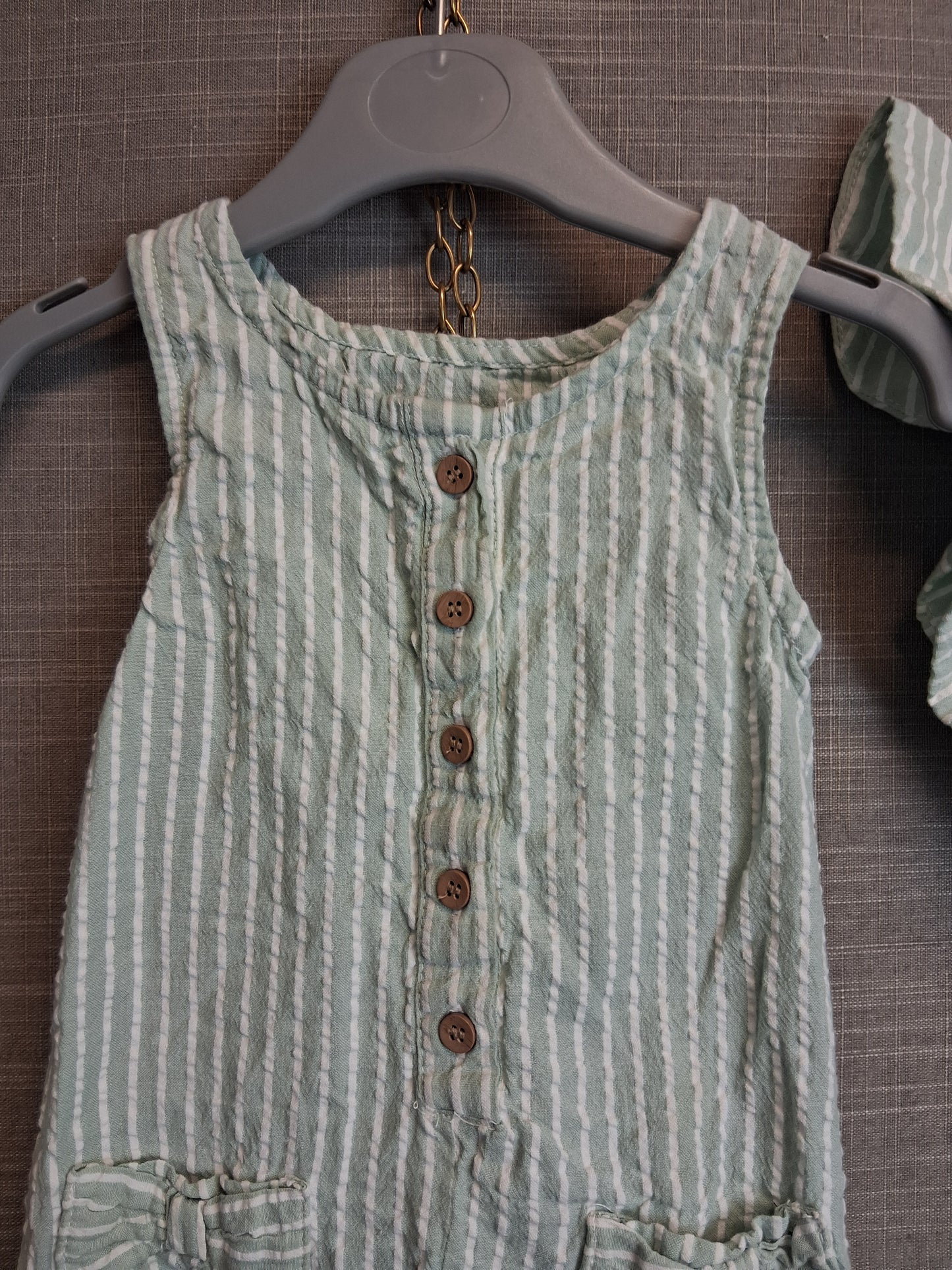 Matalan Girls Summer Romper Green White Striped With Hat Age 9-12 Months