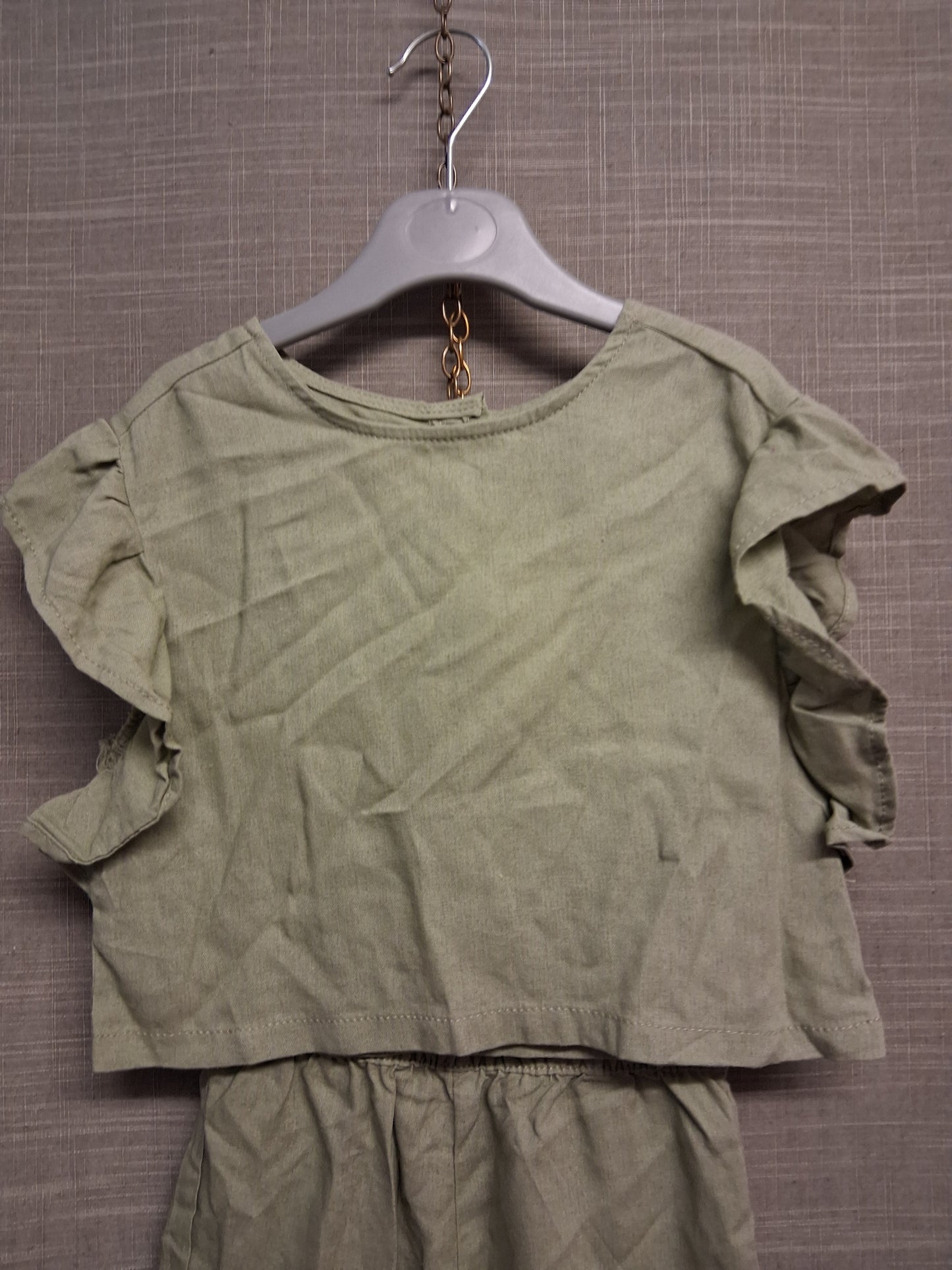 Lily & Dan Girls 2 Piece Outfit Khaki Green Top and Shorts Age 1-2 Years Linen Blend New