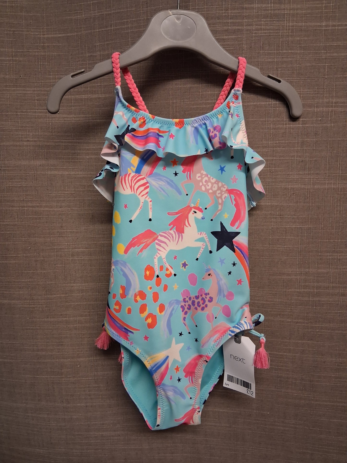 Next Girls Blue Pink Flamingo Tassle One Piece Swimsuit Age 3 Years