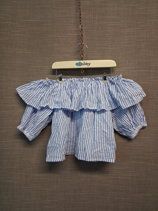 Next Girls Off the Shoulder Top Blue White Striped Ruffle Age 5-6  Years