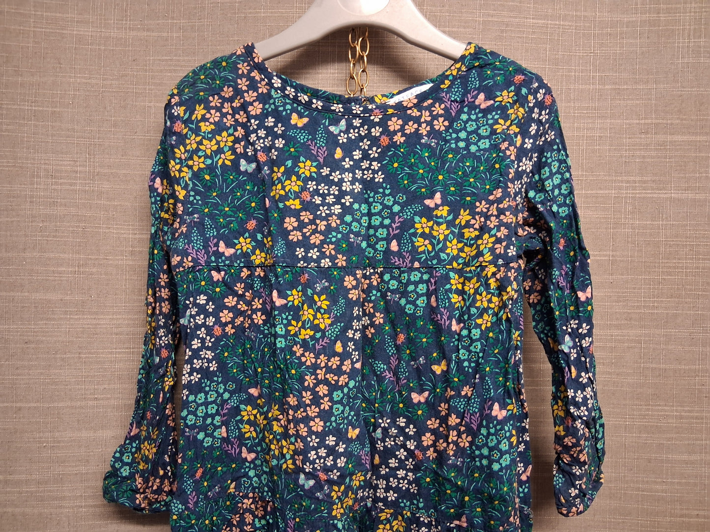 Fatface Girls Green Floral Long Sleeve Dress Age 3-4 Years
