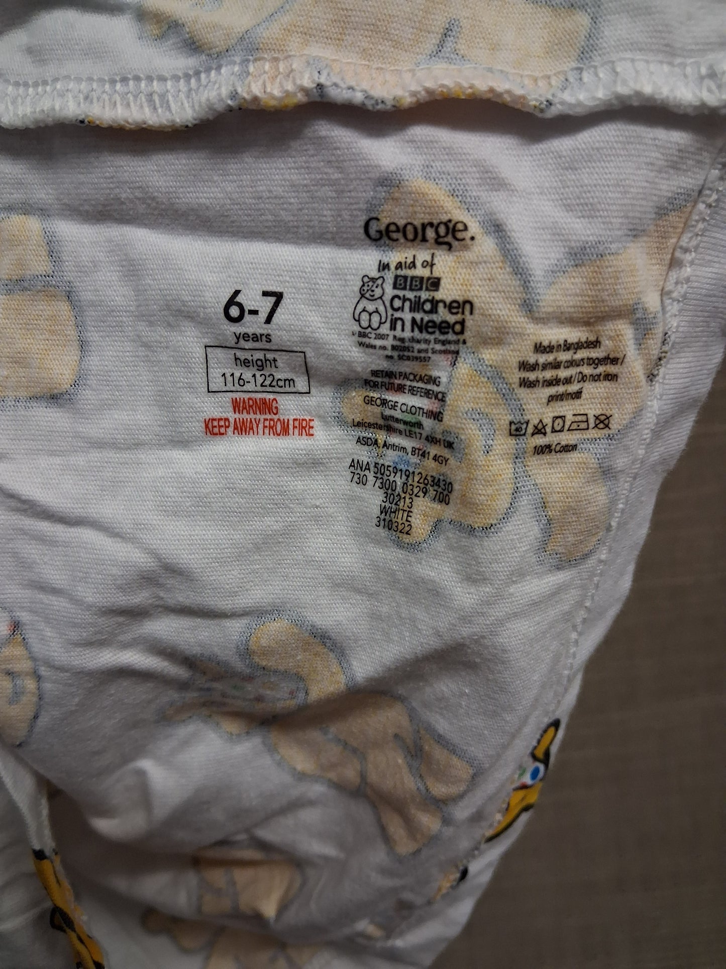 George Girls "Pudsey" Children in Need White Short Sleeve T-Shirt Age 6-7 Years