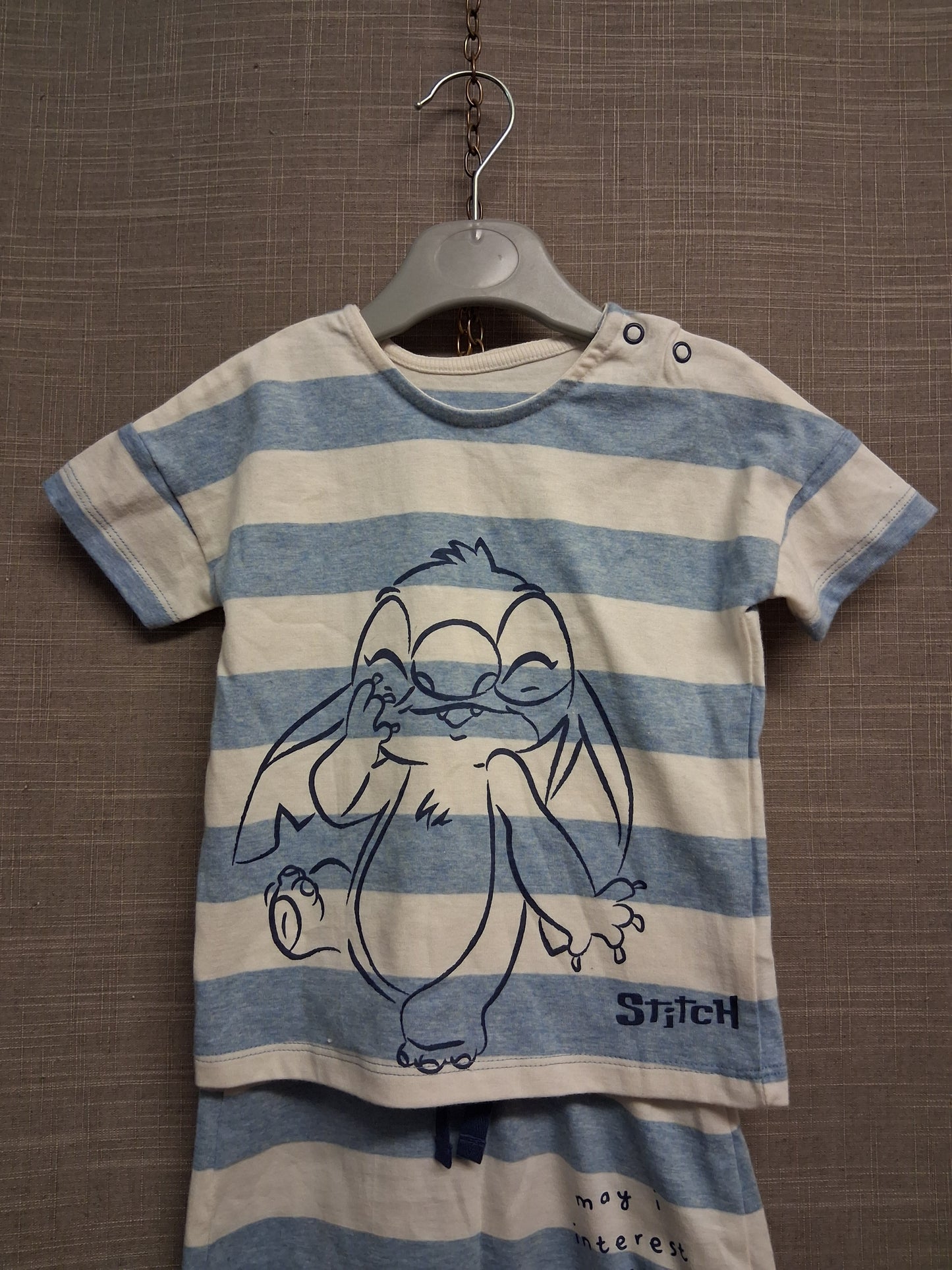 George Disney Stitch 2 Piece Outfit Blue White Striped T-Shirt & Shorts Age 9-12 Months