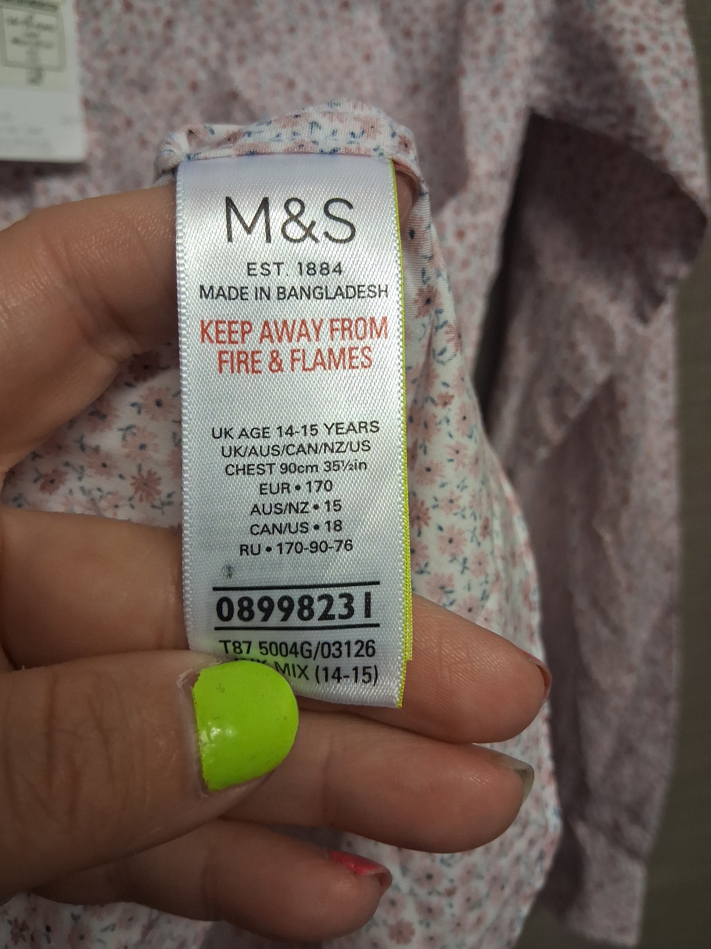 Marks and Spencer Girls Long Sleeve White Pink Floral Shirt Age 14-15 Years New