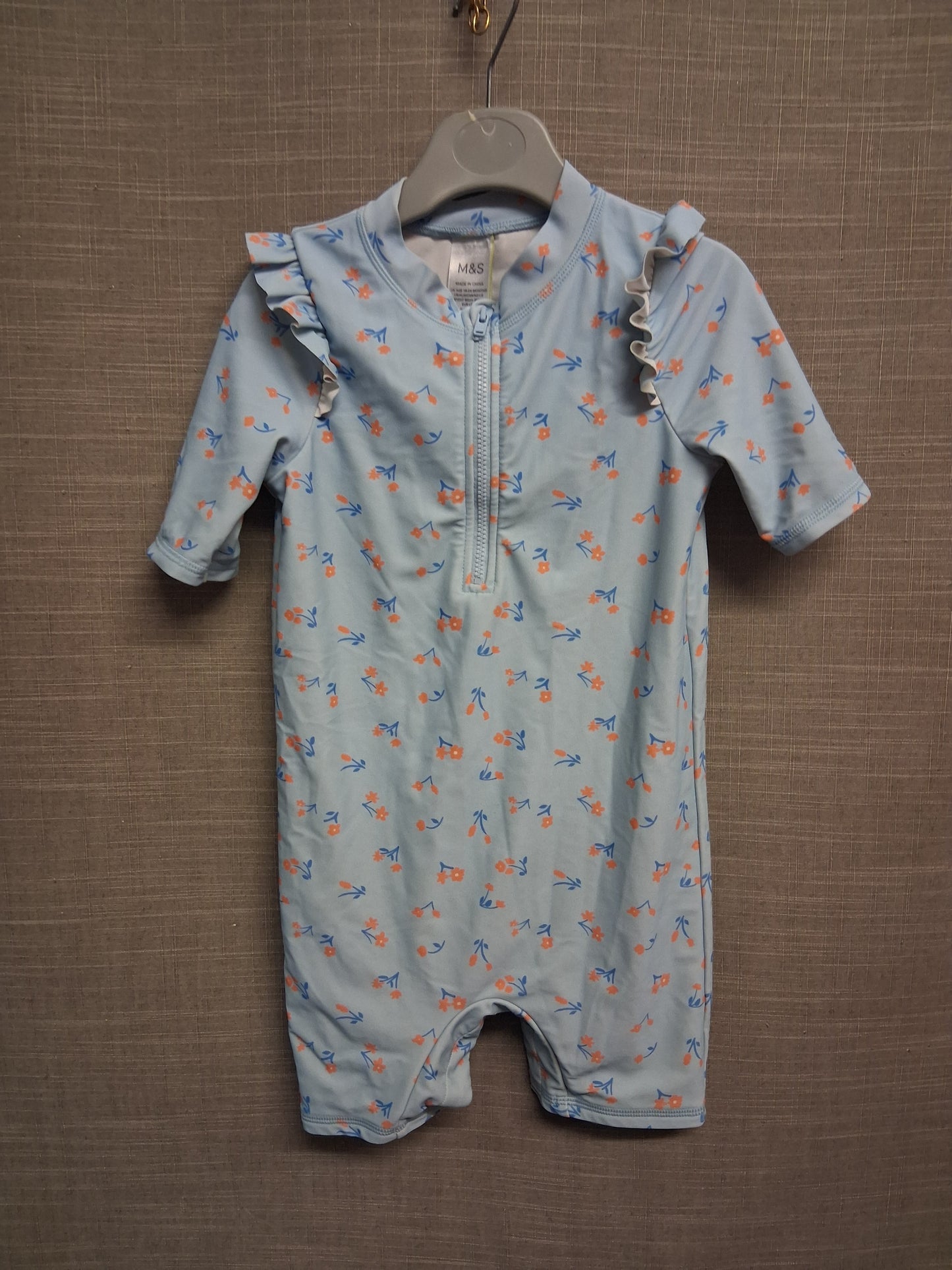 Marks & Spencer Girls Blue Floral UV Swimsuit One Piece Age 18-24 Months