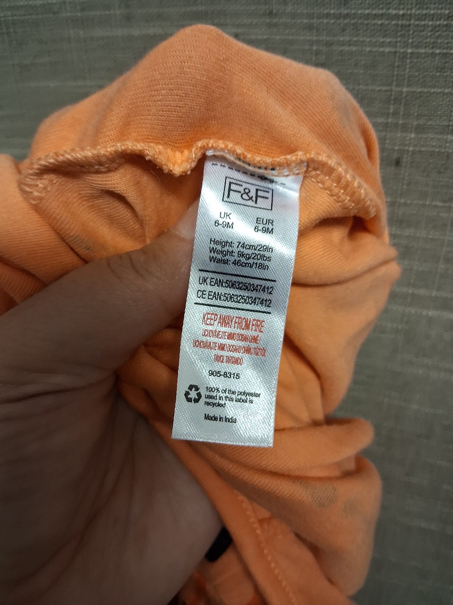 F&F Baby Halloween Pumpkin Theme Sleepsuit Romper Orange Age 6-9 Months