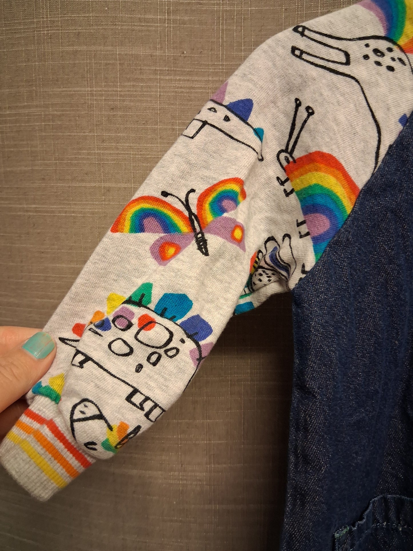 Next Girls Denim Jumper Dress Rainbow Detail Age 9-12 Months