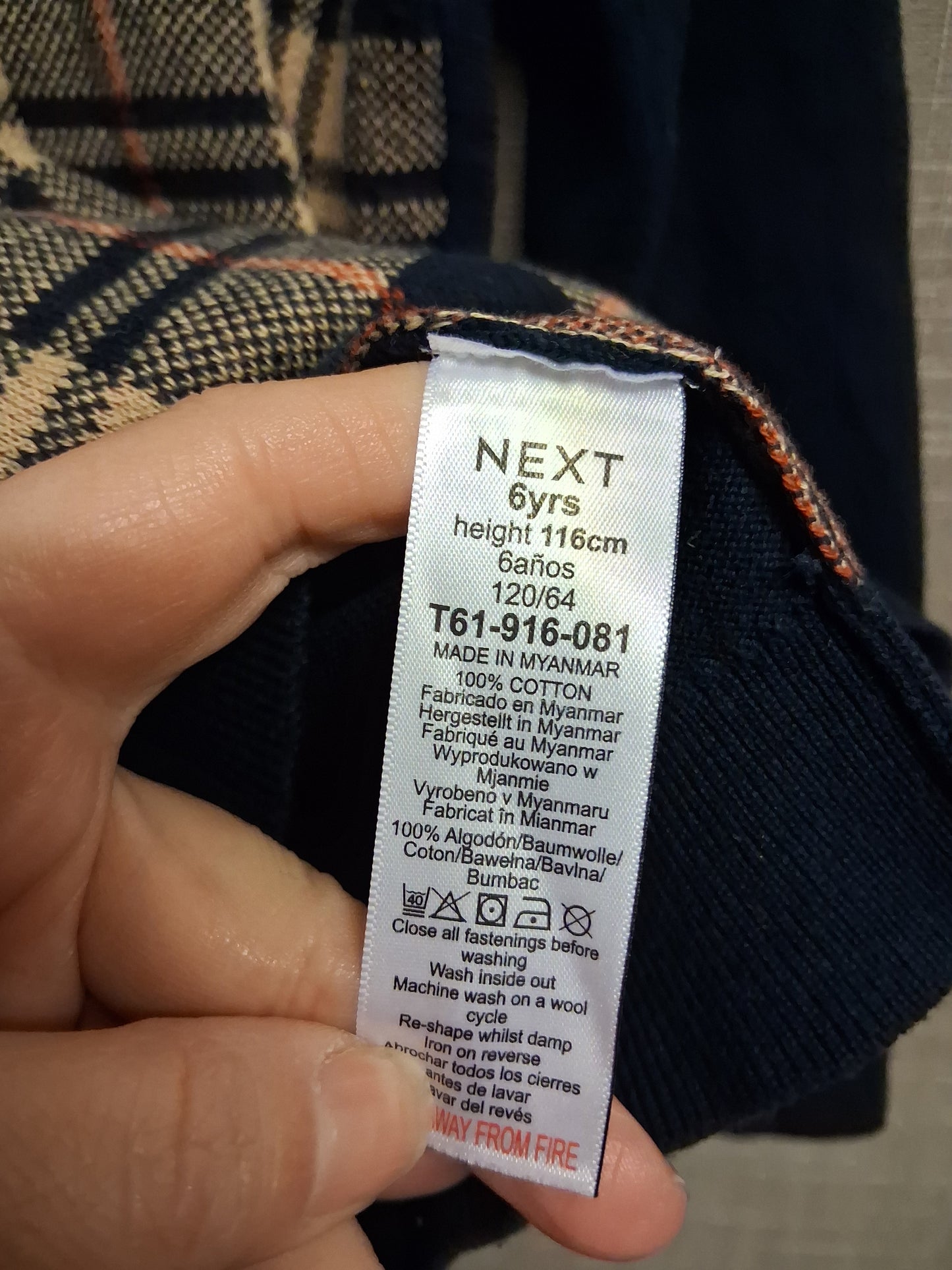 Next Boys Blue Beige Checked Long Sleeve Thin Knit Jumper Age 6 years