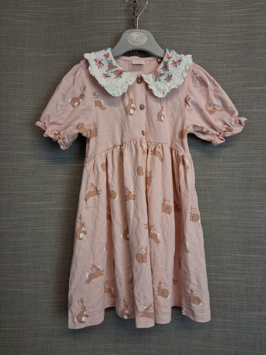 Next Girls Pink Bunny Theme Easter Dress Age 2-3 Years Short Sleeve Jersey