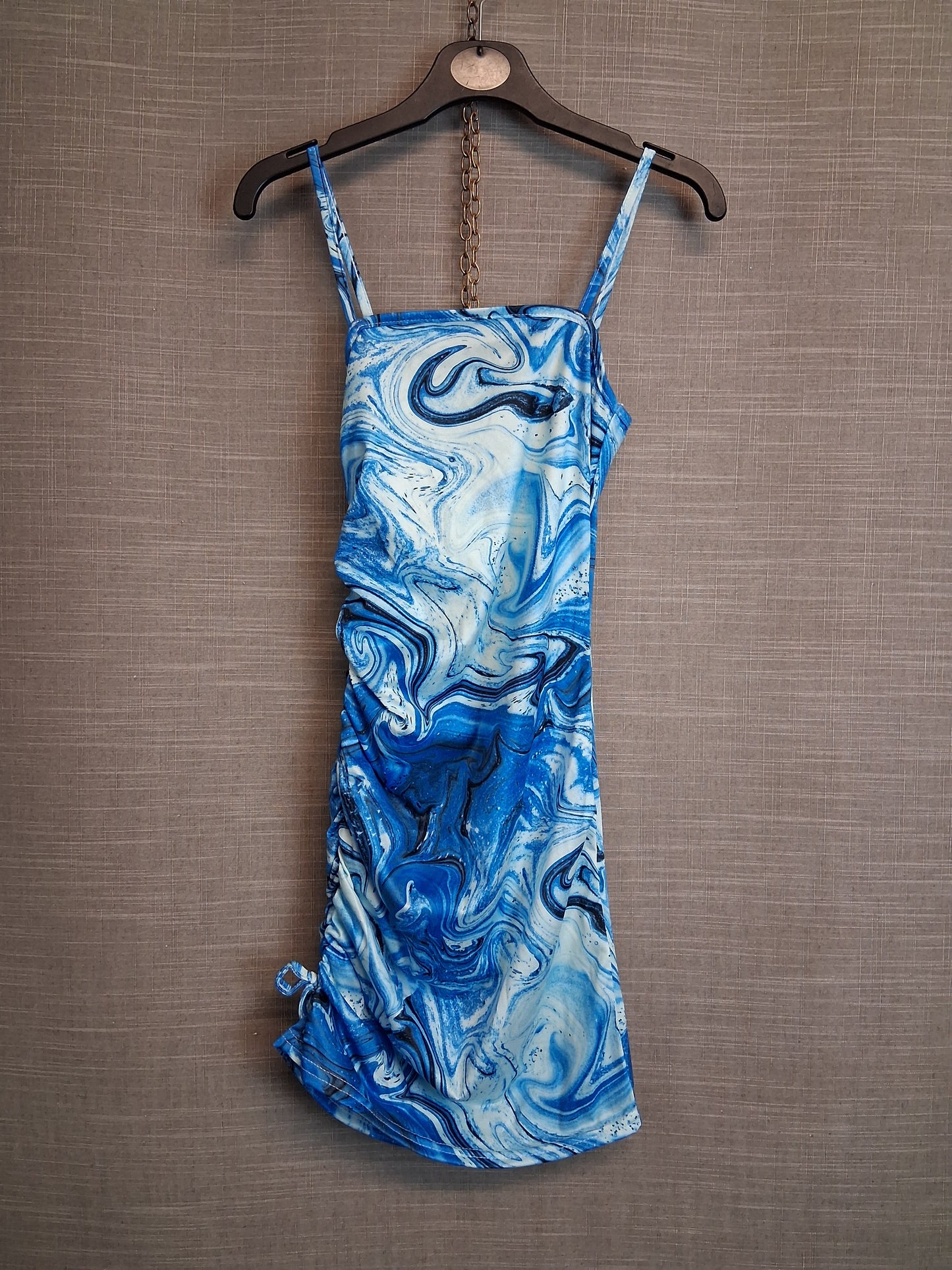 Shein Girls Blue Marble Print Stappy Dress Ruched Side Age 10-11 Years