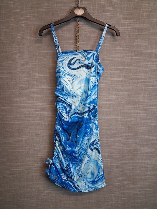 Shein Girls Blue Marble Print Stappy Dress Ruched Side Age 10-11 Years