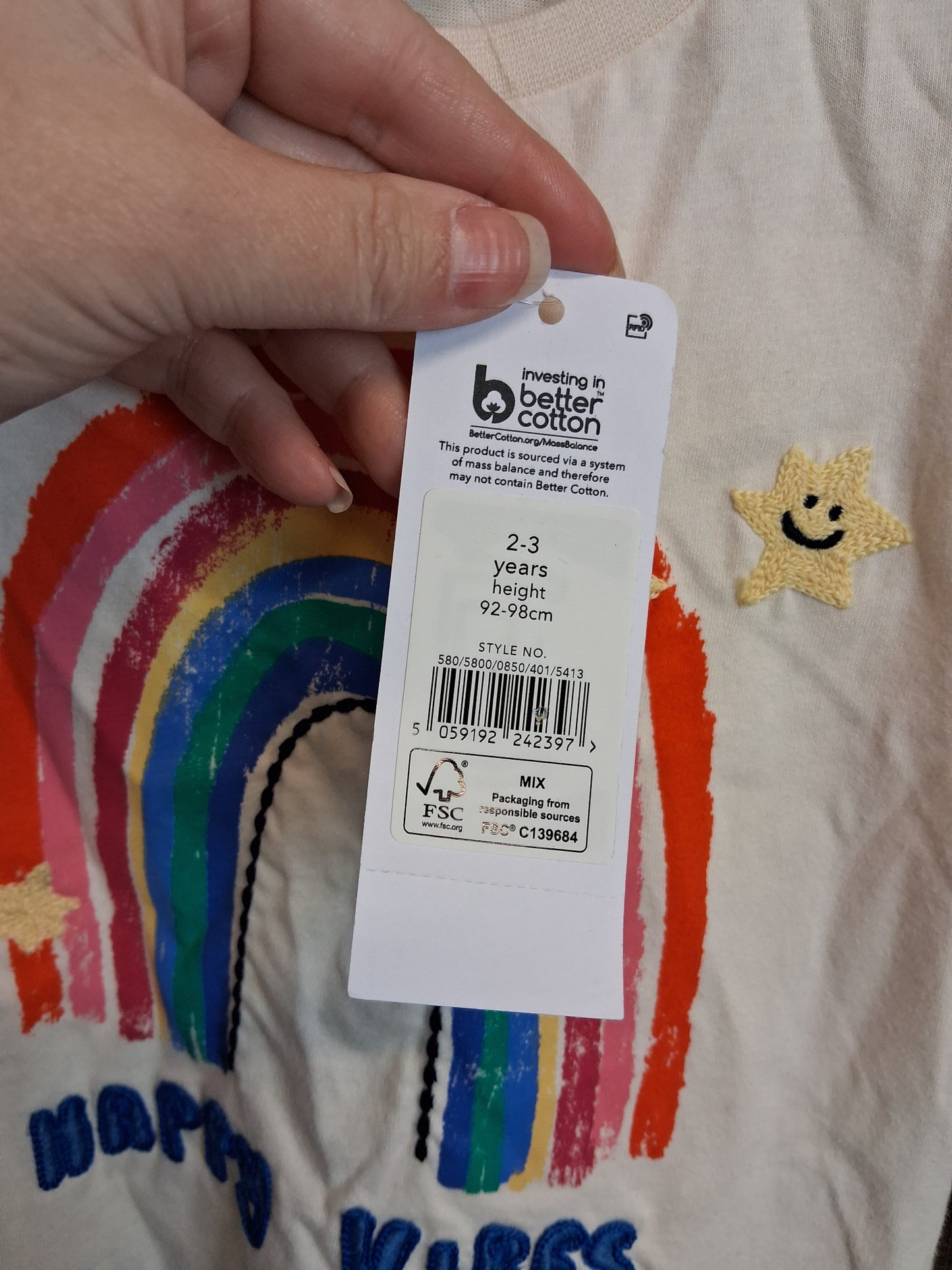 George Girls Long Sleeve T-Shirt Cream Rainbow T-Shirt Age 2-3 Years New